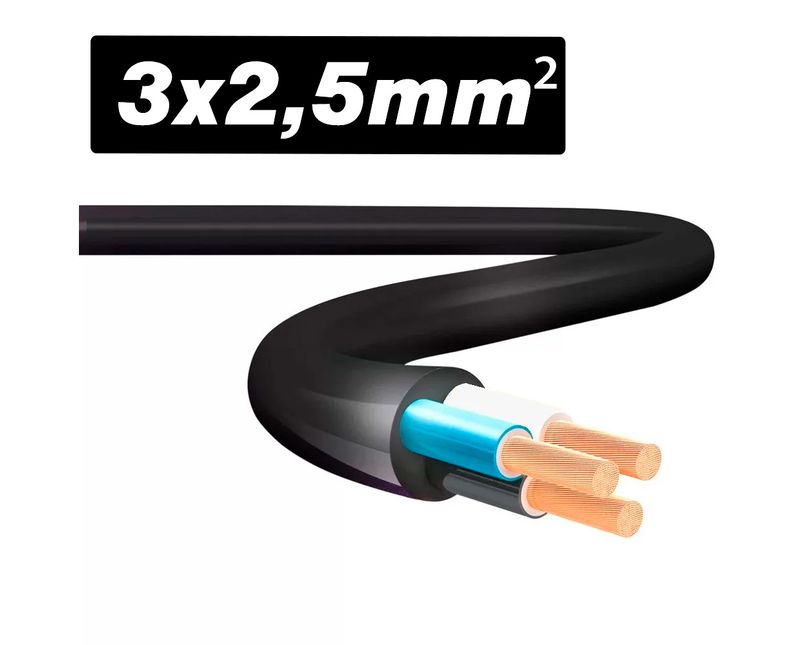 Cabo Flexível 1KV 90 Graus Celsius HEPR 3x2,5mm Preto Nexans| Imagem ilustrativa, Peça ampliada da ponta, posicionada para a esquerta com informações.