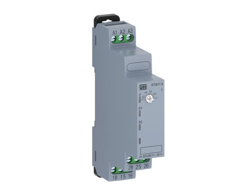 Rele Temporizado Retardo Energização 30 A 300s 220/240 Vca 1na+1nf - RTW17A01U300SE40 - WEG | Imagem ilustrativa - posição frontal