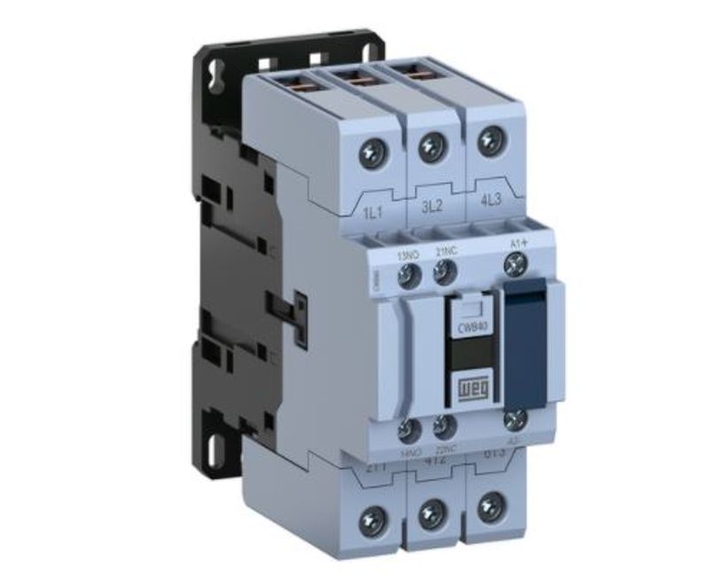 Contator Tripolar 40A 220VCA 50/60Hz 1NA+1NF  Weg | Dimensional - Imagem do produto com leve inclinação para a esquerda.