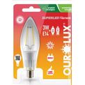 Lâmpada LED Vela E14 2700K Luz Amarela Bivolt 3W SUPERLED FILAM 20195 Ourolux a imagem apresenta o produto dentro de sua embalagem de frente