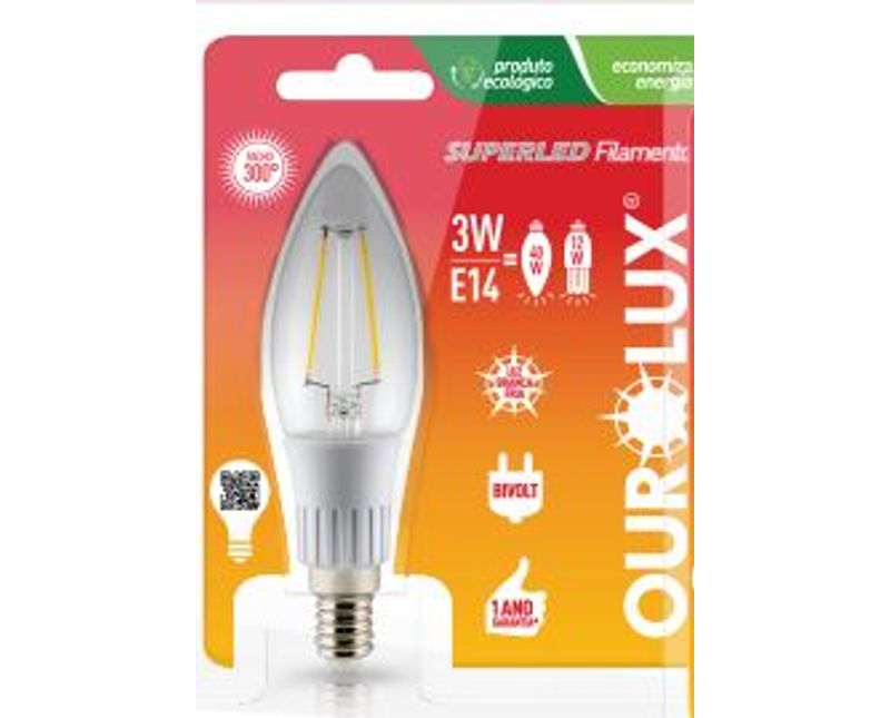 Lâmpada LED Vela E14 2700K Luz Amarela Bivolt 3W SUPERLED FILAM 20195 Ourolux a imagem apresenta o produto dentro de sua embalagem de frente
