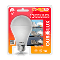 Lâmpada LED A60 E27 2700K Luz Amarela Bivolt 9W 180G Controled 20495 Ourolux | Dimensional - Embalagem do produto