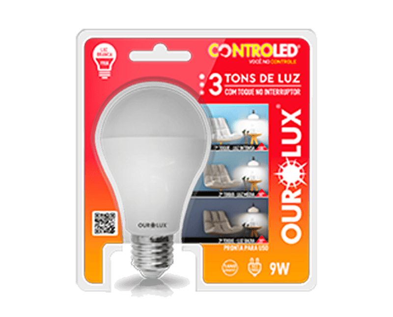 Lâmpada LED A60 E27 2700K Luz Amarela Bivolt 9W 180G Controled 20495 Ourolux | Dimensional - Embalagem do produto