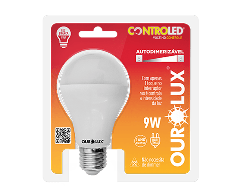 Lâmpada LED A60 E27 6500K Luz Branca Fria Bivolt 9W Controled 20500 Ourolux | Dimensional - Embalagem do produto