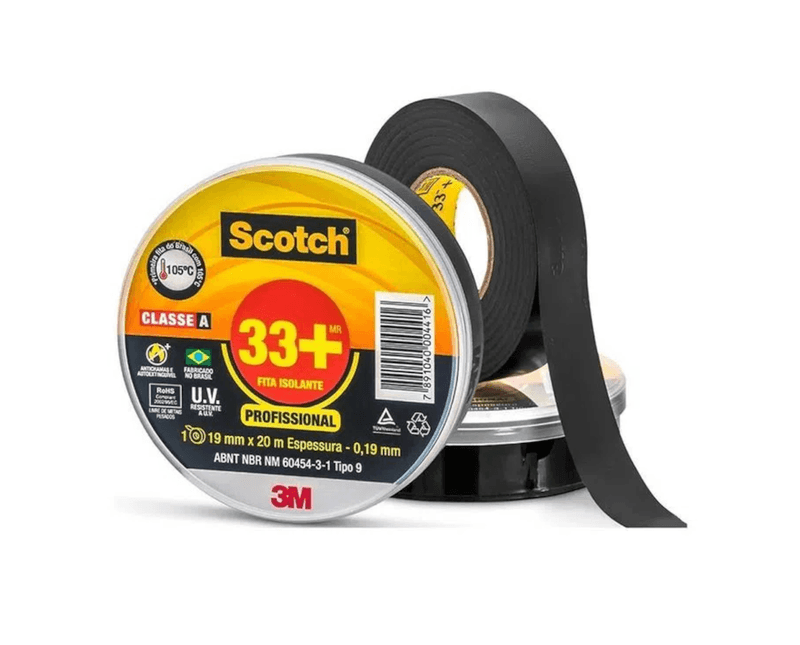 Fita-Isolante-Scotch-33-Antichama-Preta-19mm-20m-3M---Imagem-da-caixa-do-produto-e-da-fica-posicionada-atras