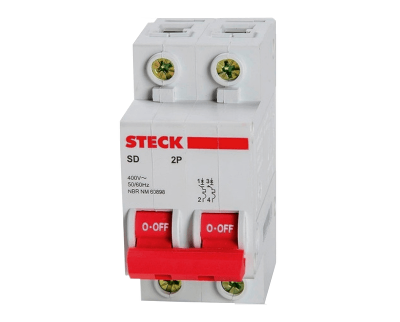 Disjuntor Bipolar 32A Mini 3KA 230/400VCA Steck | Imagem ilustrativa, Peça ampliada da parte da frente, posicionada para a esquerda.
