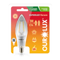 Lâmpada LED Vela E14 2700K Luz Amarela Bivolt 3W Filamento 20175 Ourolux - Dimensional | Produto na embalagem - posição frontal