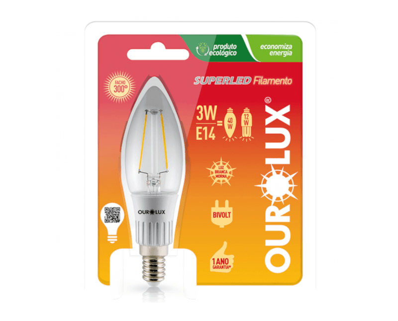 Lâmpada LED Vela E14 2700K Luz Amarela Bivolt 3W Filamento 20175 Ourolux - Dimensional | Produto na embalagem - posição frontal