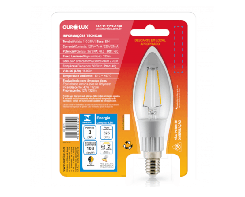 Lâmpada LED Vela E14 2700K Luz Amarela Bivolt 3W Filamento 20175 Ourolux - Dimensional | Produto na embalagem - posição traseira