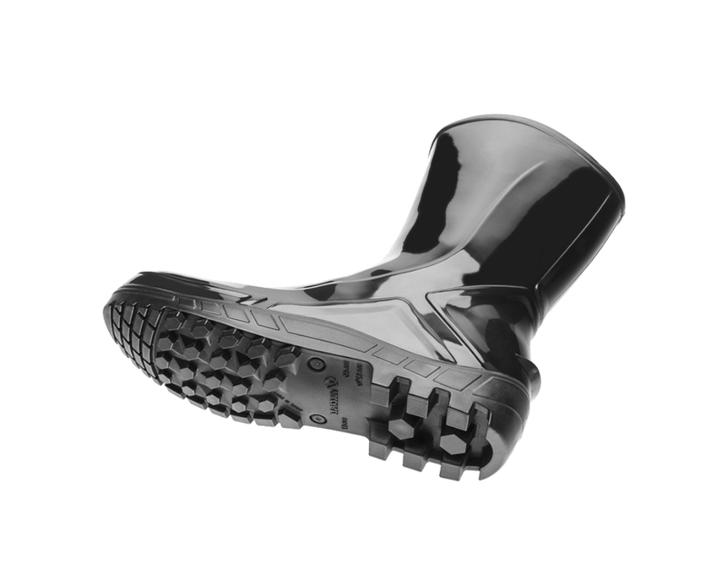 Bota Profissional PVC Preta Cano Médio Sem Forro Sem Bico 110VFLEXPR Tamanho 43 CA 42291 Marluvas - Dimensional | Visão inferior do produto com foco na sola.