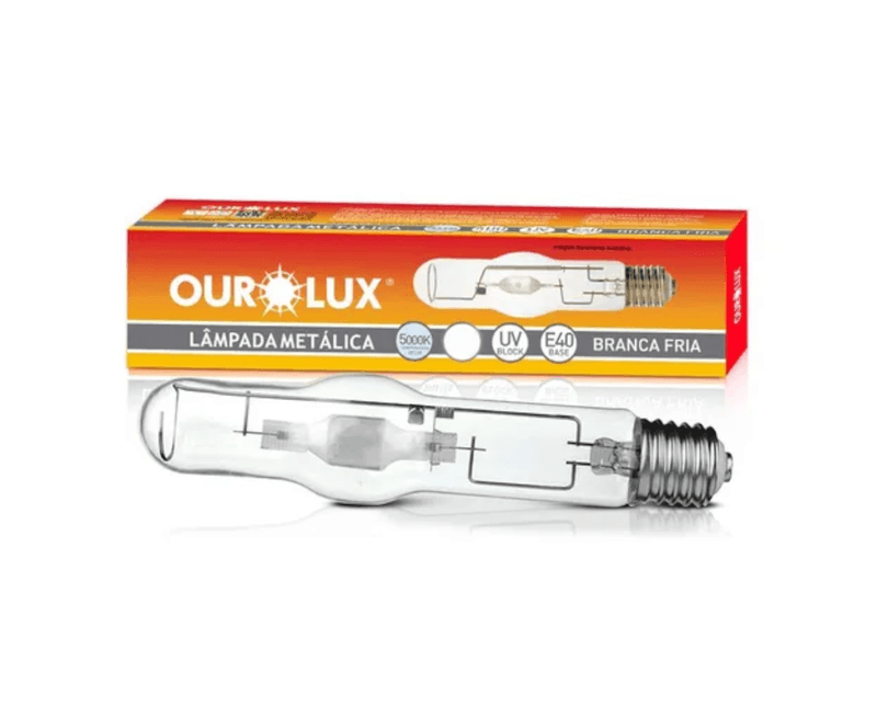 Lâmpada Vapor Metálico Tubolar Clara 5000K  220V Ourolux | Imagem da lampada e caixa na horizontal