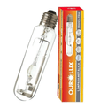 Lâmpada Vapor Metálico Tubolar Clara 5000K  220V Ourolux | Imagem da lampada e caixa na vertical