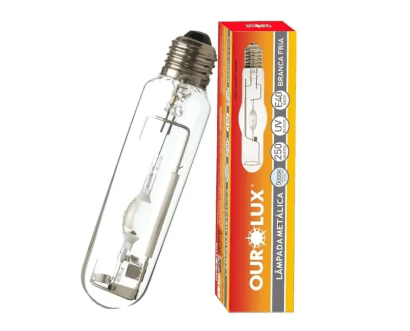 Lâmpada Vapor Metálico Tubolar Clara 5000K  220V Ourolux | Imagem da lampada e caixa na vertical
