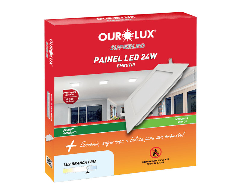 Luminária LED Comercial Plafon Quadrado Embutir Branco Bivolt 6400K 24W 03205 Ourolux | Imagem ilustrativa, peça na embalagem