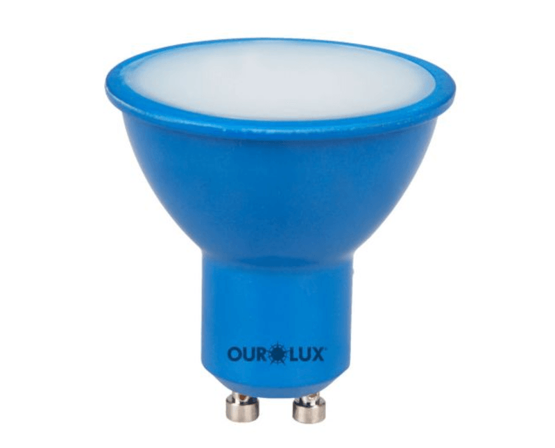 Lâmpada LED MR16 GU10 Azul Bivolt 4W 33G Superled Colors Ourolux a imagem apresenta o produto inteiro