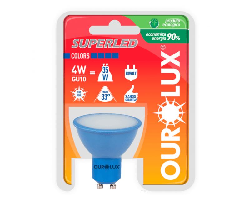 Lâmpada LED MR16 GU10 Azul Bivolt 4W 33G Superled Colors Ourolux a imagem apresenta o produto dentro de sua embalagem de frente