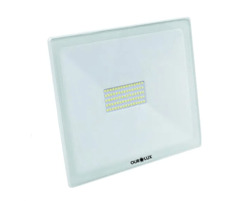 Refletor de LED Aluminio Branco IP65 1 Modulo 50W 110/220V 6500K 3264 Ourolux | Imagem ilustrativa  - Peça posicionada com a frente para a esquerda.