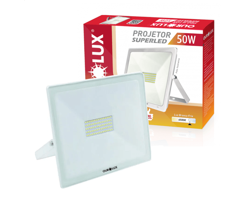 Refletor de LED Aluminio Branco IP65 1 Modulo 50W 110/220V 6500K 3264 Ourolux | Imagem ilustrativa  - Peça com a embalagem.