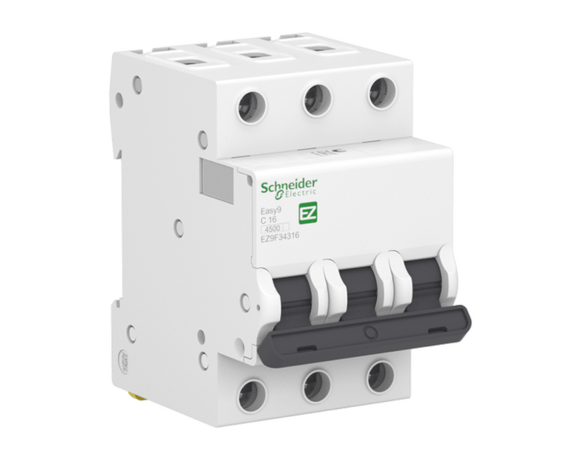 Disjuntor Mini Tripolar 10a 400VCA C 3KA Schneider | imagem inclinada para a esquerda