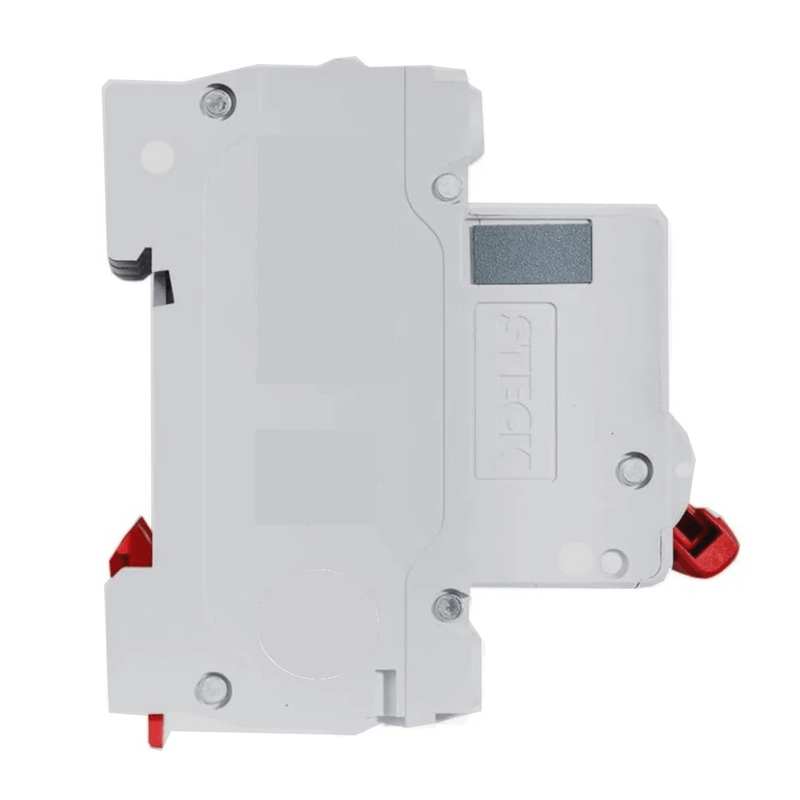 Disjuntor Mini Tripolar 100A 230/400VCA C 10KA  - Steck| Imagem ilustrativa, Peça ampliada parte lateral