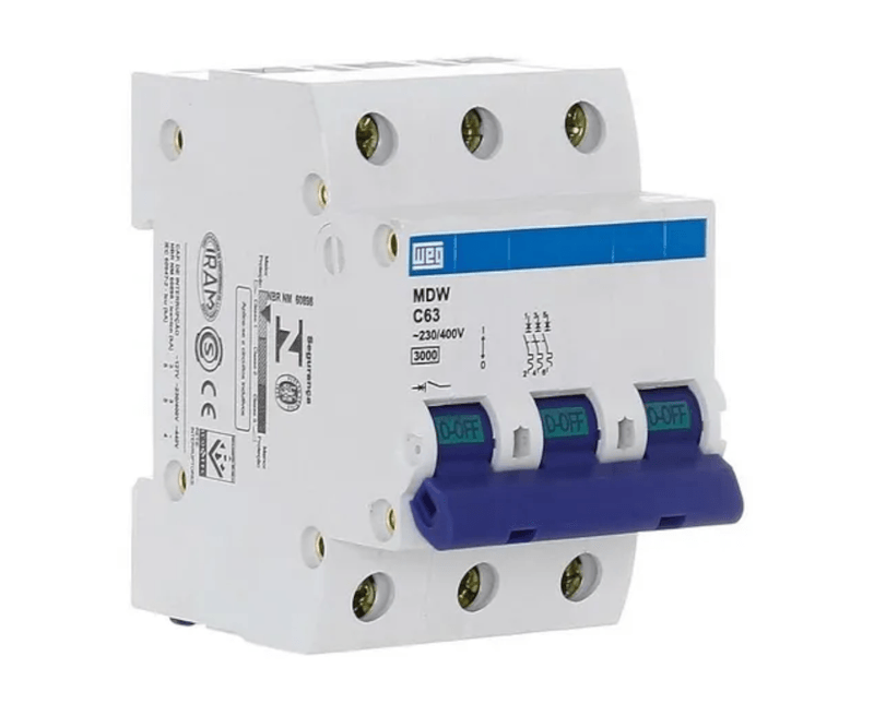 Disjuntor Mini Tripolar 100a 440v C 4KA WEG | Visão da diagonal direita do disjuntor