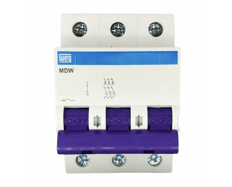 Disjuntor Mini Tripolar 4a 220/440 Vca C MDWC43  - WEG| Imagem ilustrativa, Peça ampliada da frente.