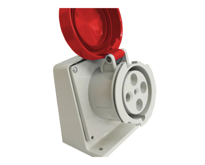 Tomada-Industrial-Sobrepor-Femea-63A-Vermelha-|-Dimensional---Imagem-do-produto-posicionado-para-a-direita-com-a-tampo-aberta