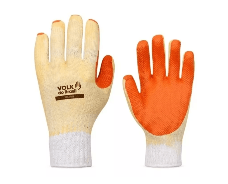 Luva Proteção Quimica Mecânica Algodão Com Banho Latex Laranja 101095705 Tamanho 8/M Volk - Dimensional | Visão frente e verso das luvas