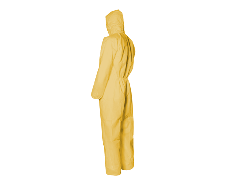 Macacao Tnt Amarelo Com Capuz Tamanho GG MICROCHEM300,0 Ansell - Dimensional | Produto na posição lateral traseira