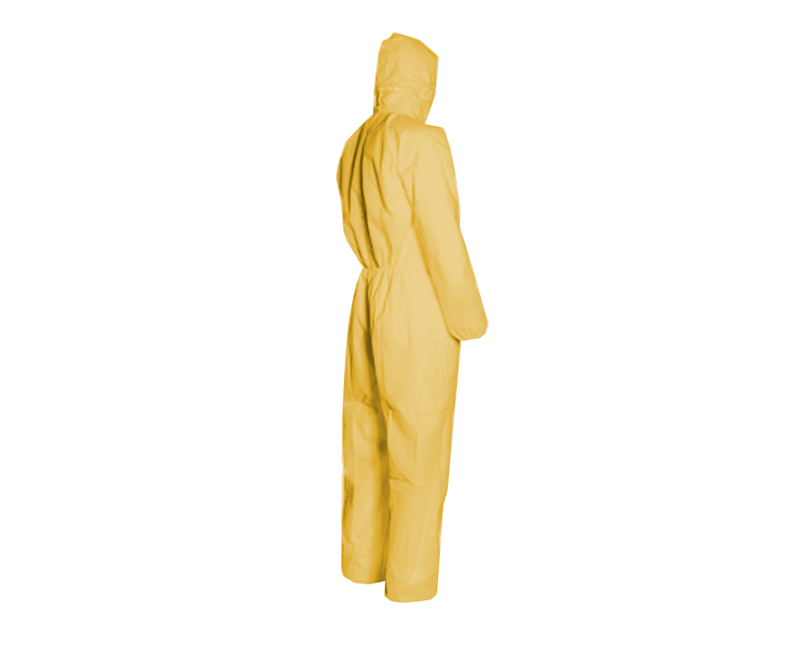 Macacao Tnt Amarelo Com Capuz Tamanho GG MICROCHEM300,0 Ansell - Dimensional | Produto na posição lateral traseira
