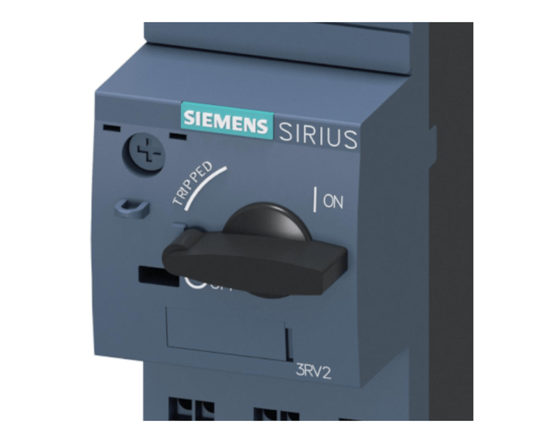 Disjuntor Motor Tripolar 8a 100KA Siemens | Dimensional  | Imagem ilustrativa, Peça ampliada do botão da frente, posicionado para a esquerda.
