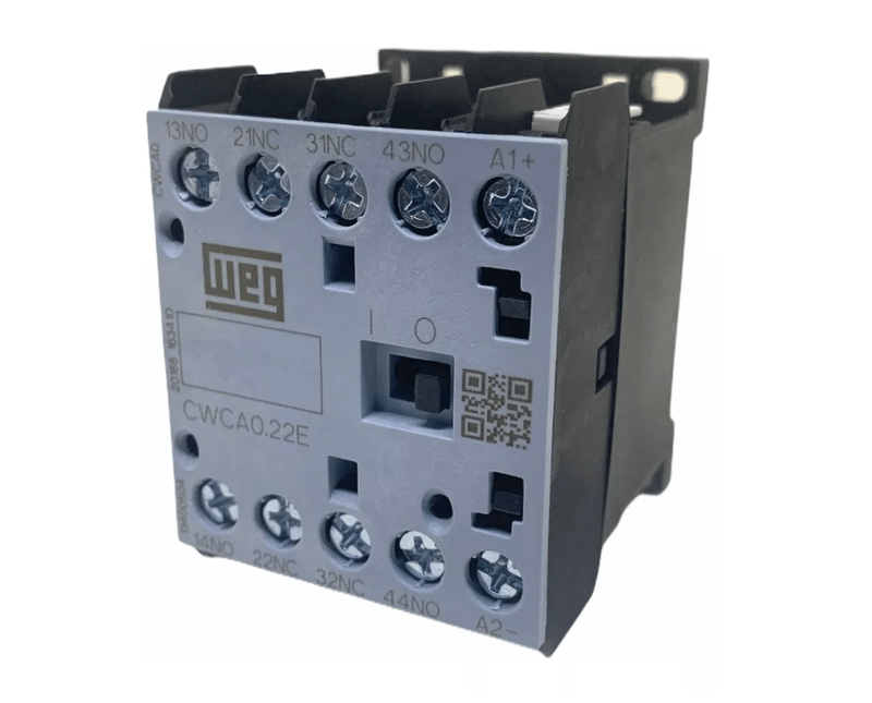 "Contator Tripolar 9a 220V 50/60Hz Mini Cwc0 CWC091030V26 WEG - Imagem ilustrativa - Posição frontal virado para esquerda "