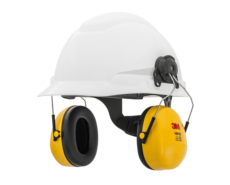 Protetor Auditivo Amarelo Acoplável H9P3E 3M | Dimensional - Imagem do produto anexado ao capacete de proteção