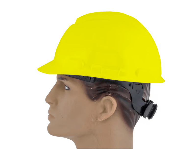 Capacete Aba Frontal em Cor Amarela com Suspensão e Jugular | Lateral esquerda do produto em um manequin
