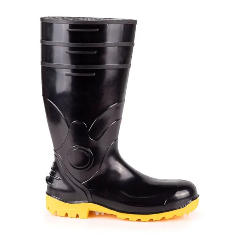 Bota PVC Cano Longo Preta Solado Amarela Sem Forro