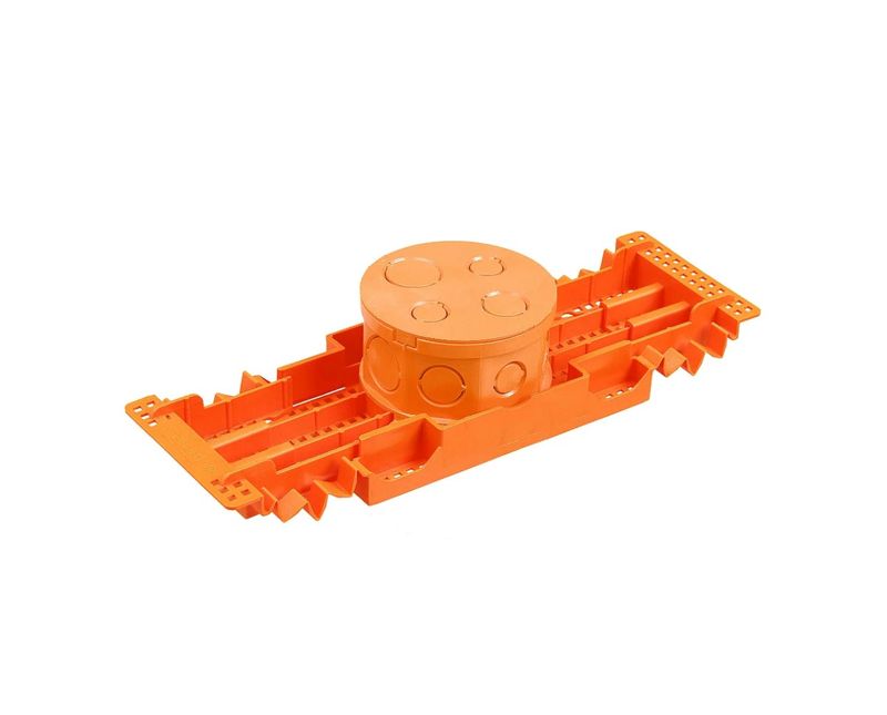 Caixa Passagem Embutir PVC Laranja 4x4" com Suporte | Produto em posição horizontal, diagonal esquerda
