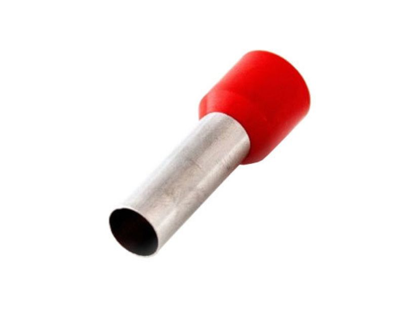 Terminal Elétrico Tubular Simples (Ilhos) Pré-Isolado 1mm2 | Terminal vermelho em posição horizontal, visão da diagonal esquerda do produto