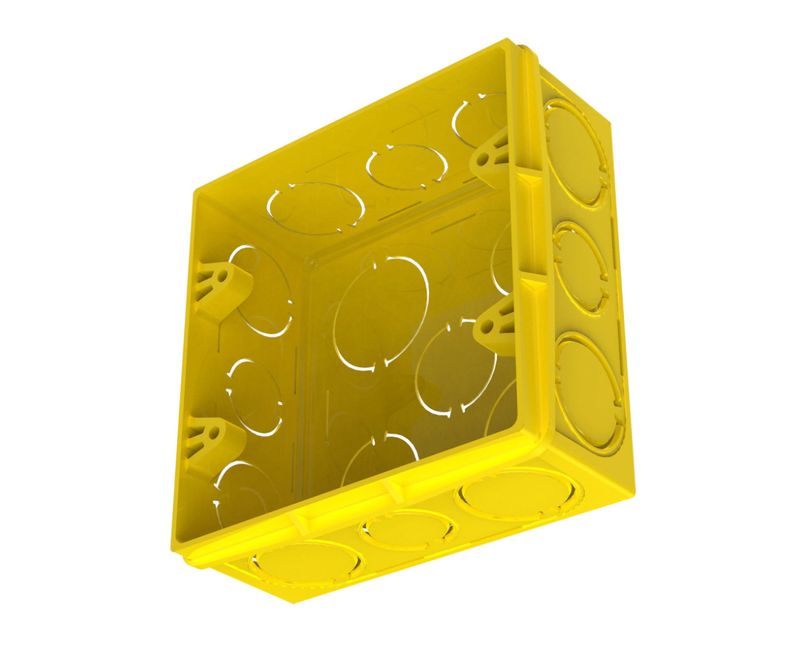 Caixa Passagem Embutir PVC Amarela 4x4" Tigre | Dimensional - imagem ilustrativa, ampliada e inclinada para a direita