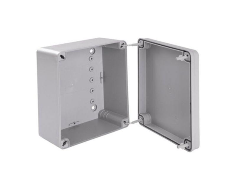 Caixa Passagem Bege 154x110x70Mm IP-55 - Steck | Dimensional - Imagem inclinada para esquerda com a caixa aberta
