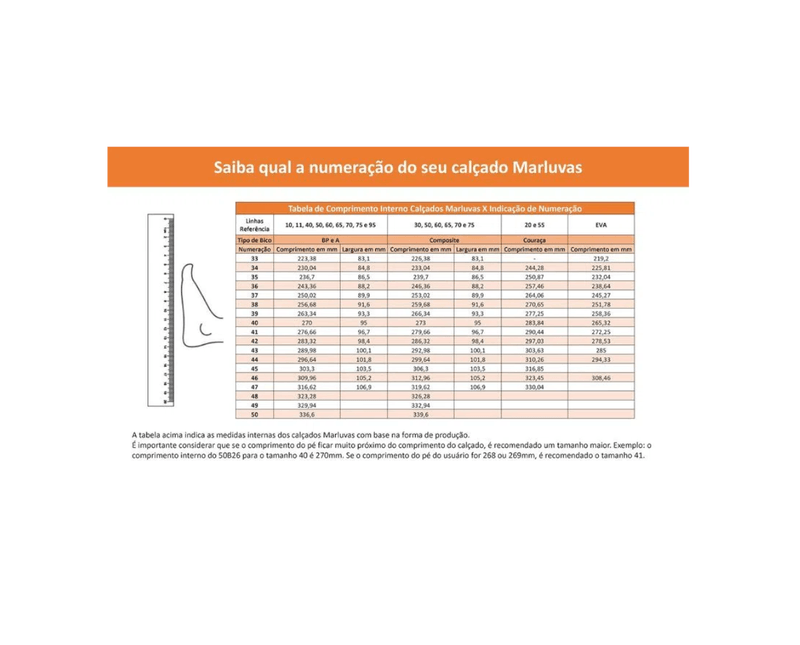 Botina Cadarço Bidensidade Bico Composite Pap Preto Tamanho 41 50B22CPAP CA 45803 Marluvas - Dimensional | Tabela de tamanhos