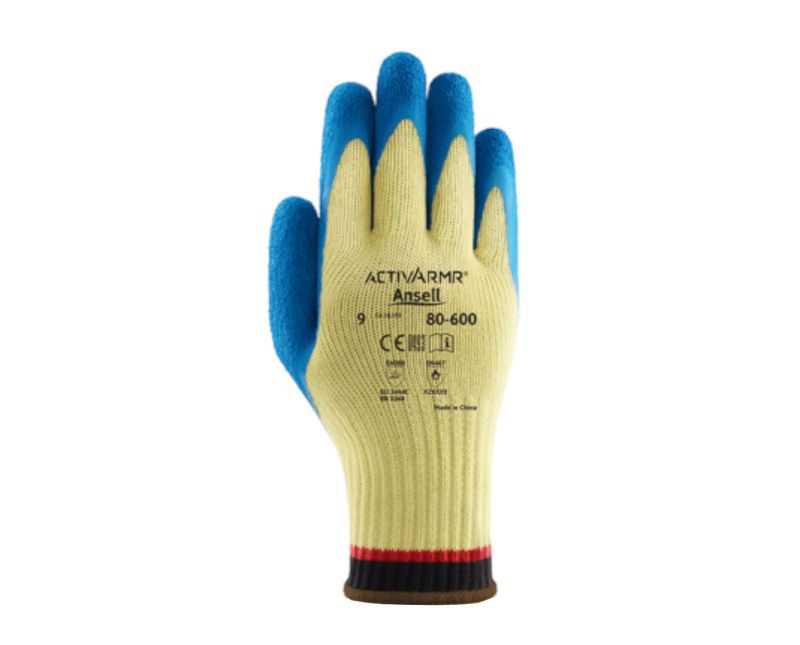 Luva Proteção Corte Látex Natural Azul/Amarela Antiderrapante Power Flex 80600 Tamanho 10 CA 18193 Ansell - Dimensional | Visão do verso do produto