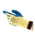 Luva Proteção Corte Látex Natural Azul/Amarela Antiderrapante Power Flex 80600 Tamanho 10 CA 18193 Ansell - Dimensional | Demonstração do produto em uso