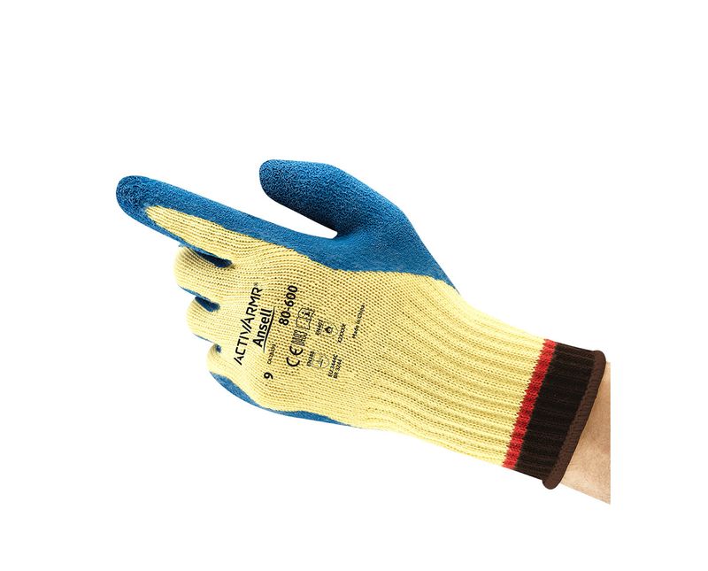 Luva Proteção Corte Látex Natural Azul/Amarela Antiderrapante Power Flex 80600 Tamanho 10 CA 18193 Ansell - Dimensional | Demonstração do produto em uso