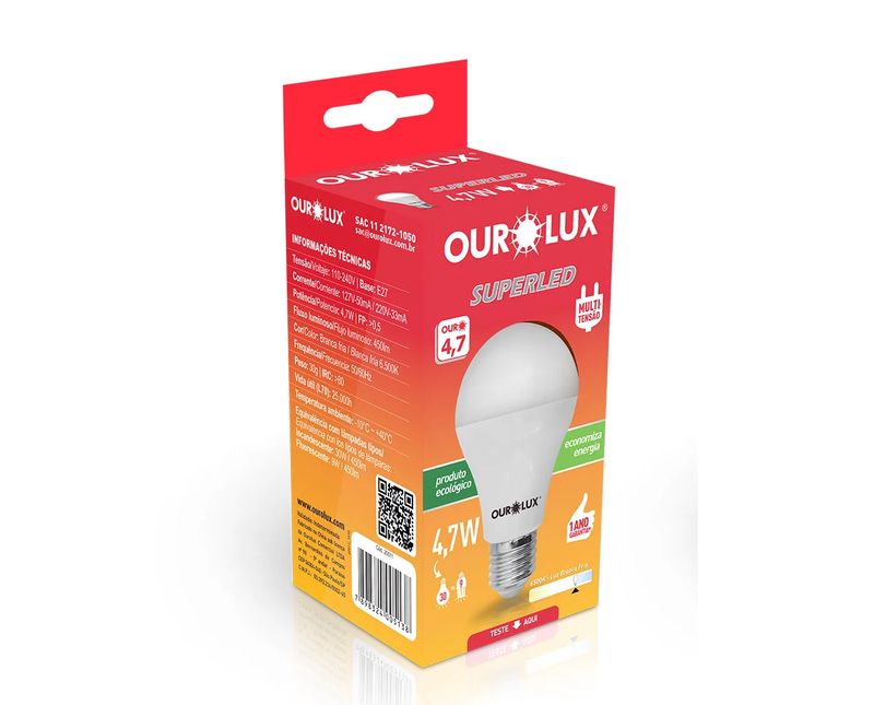 Lâmpada Led A60 E27 3000K Bivolt 6W 20026 Ourolux | Dimensional - Embalagem do produto
