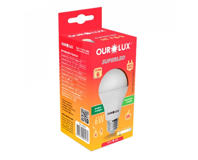 Lâmpada Led A60 E27 3000K Bivolt 6W 20026 Ourolux | Dimensional - Embalagem do produto