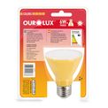 Lâmpada LED E27 3000K Luz Amarela Biv 6W 420Lm 36G SUPERLED PAR20 Ourolux a imagem apresenta o produto em sua embalagem de trás