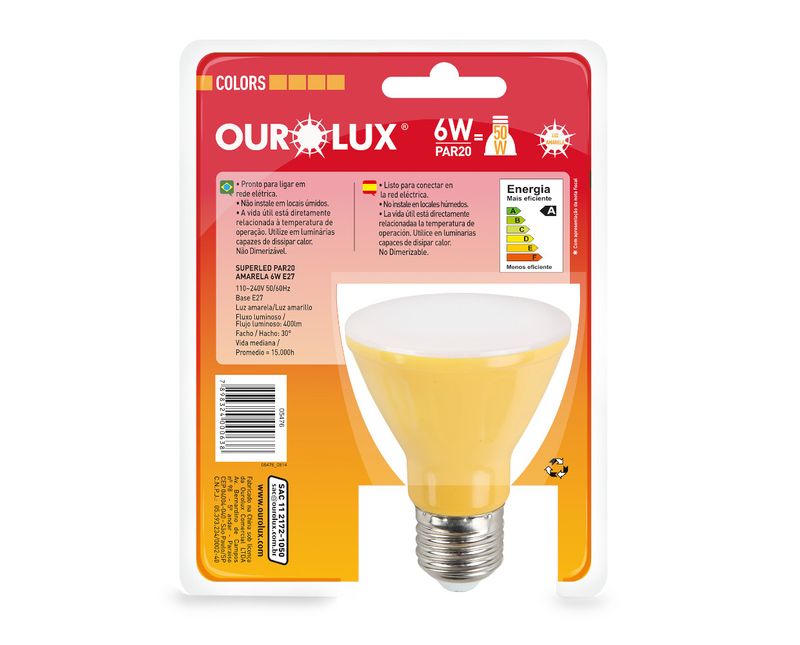 Lâmpada LED E27 3000K Luz Amarela Biv 6W 420Lm 36G SUPERLED PAR20 Ourolux a imagem apresenta o produto em sua embalagem de trás