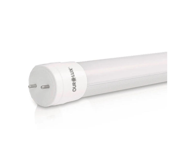 Lâmpada LED T8 G13 4000K Luz Branca Bivolt 40W Vidro Ourolux - Imagem ampliada destacando os conectores e a marca