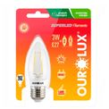 Lâmpada LED Vela E27 2700K Luz Amarela Bivolt 3W FILAMENTO 20185 Ourolux a imagem apresenta o produto dentro de sua embalagem de frente