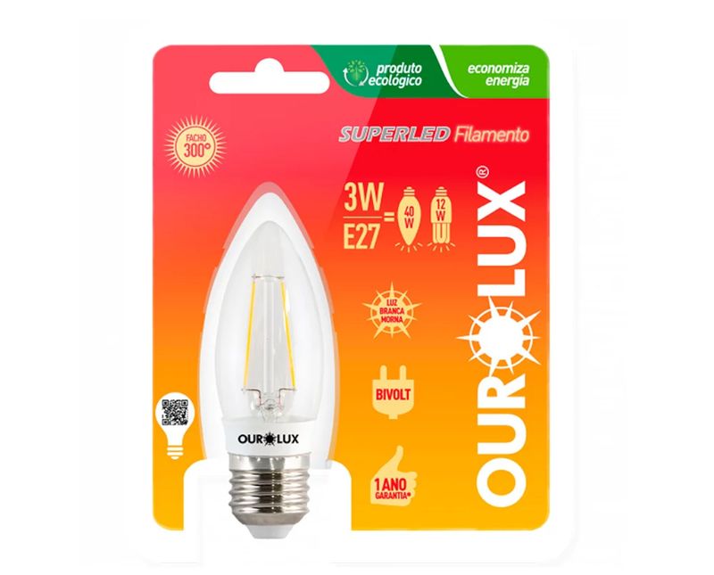 Lâmpada LED Vela E27 2700K Luz Amarela Bivolt 3W FILAMENTO 20185 Ourolux a imagem apresenta o produto dentro de sua embalagem de frente